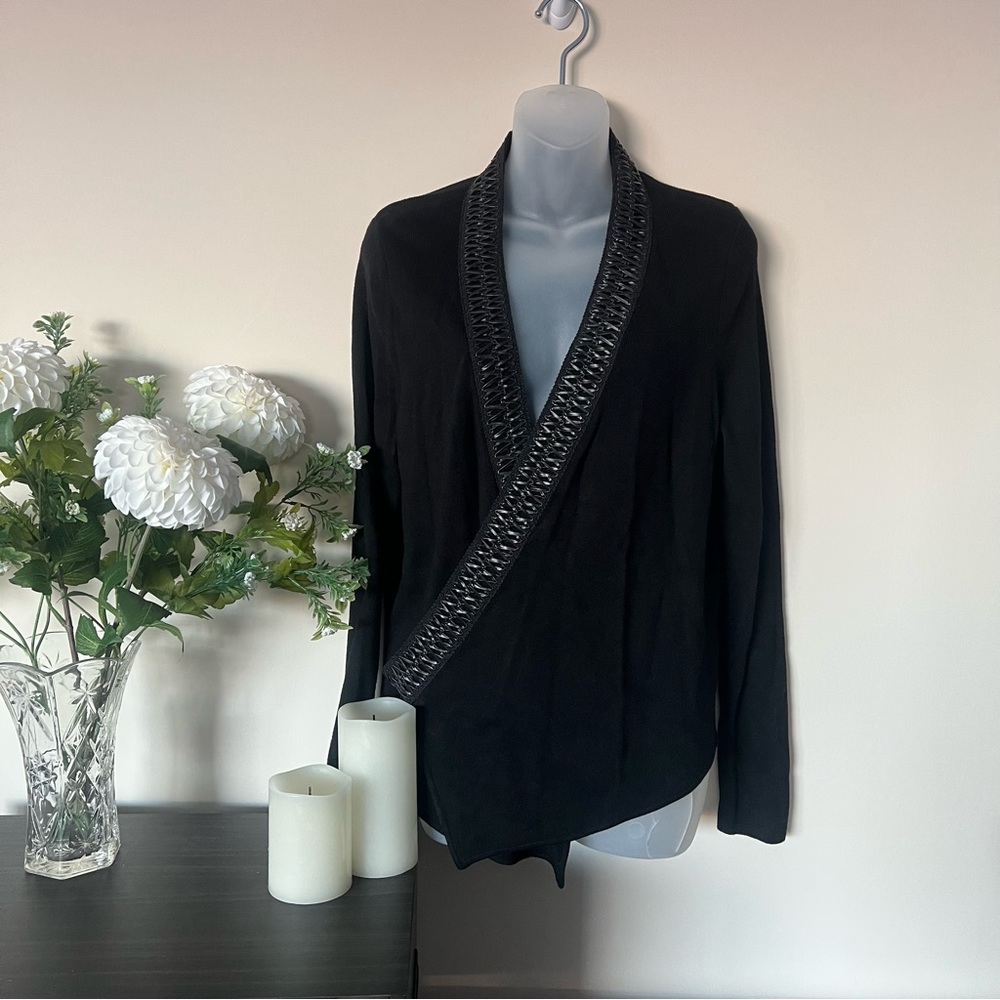Black leather detailed Jana open front drape/wrap cardigan